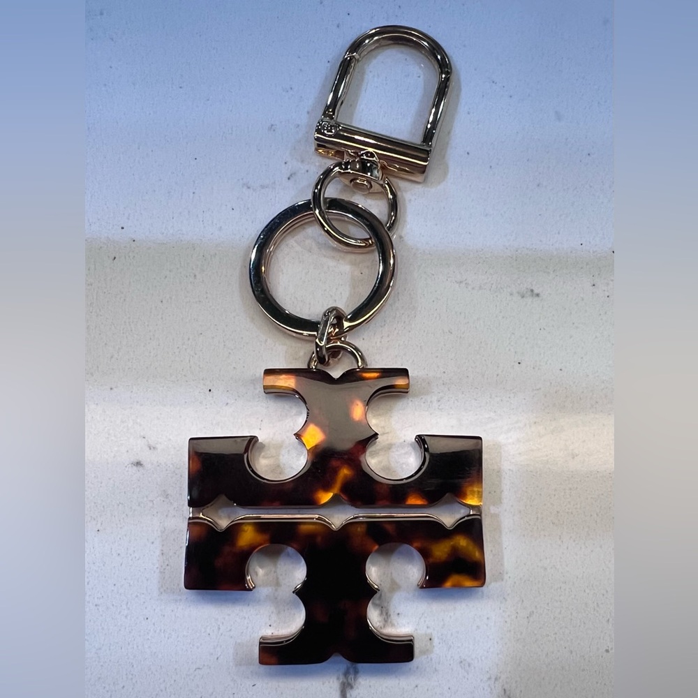 Tory Burch Stacked T Tortoise Pattern Keychain with Gold Accents